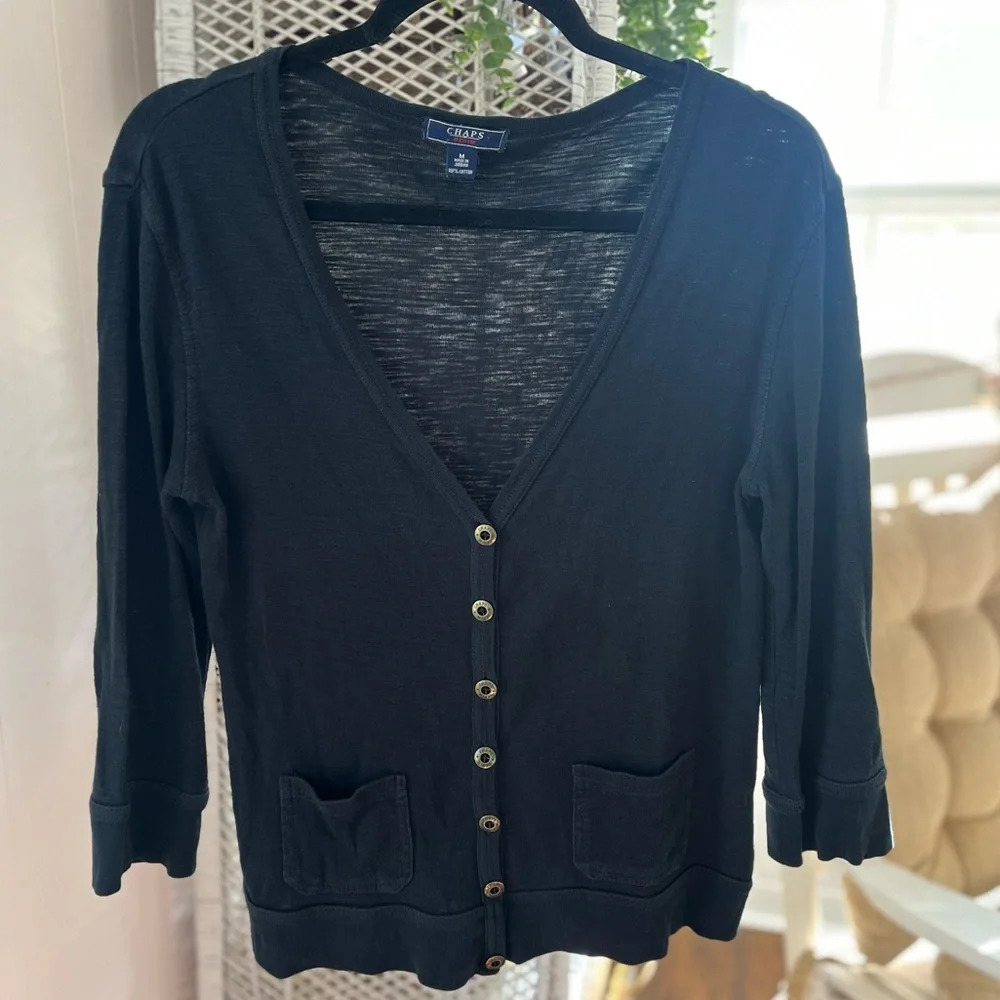 Chaps Size Medium 100% Cotton Button Up Black V Neck Long Sleeve Preppy Cardigan